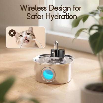 3.2L/108oz Wireless Charging Sensor Cat Water Feeder Stainless Steel Cat Dog Water Fountain Silent Water Level Window No Plug