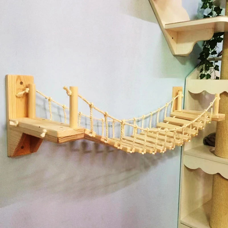 Wall Mounted Cat Climbing Bridge Cat Hammock Sisal Ladder for Kitten Playing and Rest Wood Cat Bridge for Sleeping Playing Climb