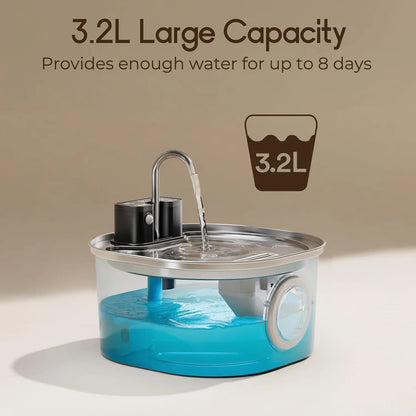 3.2L/108oz Wireless Charging Sensor Cat Water Feeder Stainless Steel Cat Dog Water Fountain Silent Water Level Window No Plug