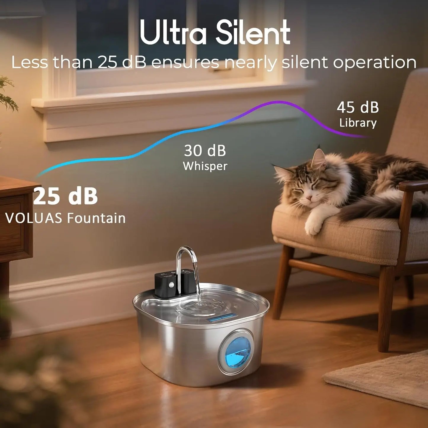 3.2L/108oz Wireless Charging Sensor Cat Water Feeder Stainless Steel Cat Dog Water Fountain Silent Water Level Window No Plug