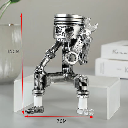 Carving Piston Skull Face Sculpture Mechanical Punk Resin Figurine Art Ornaments Creatives Funny Office Home Table Decorations
